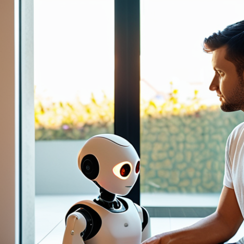 Home 4 A sleek, empathetic robot therapist with soft, glowing eyes, sitting across from a diverse individual in a modern, minimalist counseling room. The scene is bathed in warm, calming light, emphasizing the sense of connection and trust. Incorporate subtle non-verbal cues like a slight tilt of the robot's head. The background suggests a peaceful, natural setting visible through a large window, symbolizing mental clarity and well-being. Style: Photorealistic, soft focus.