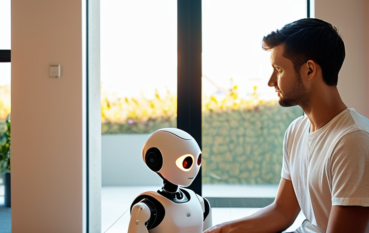 A sleek, empathetic robot therapist with soft, glowing eyes, sitting across from a diverse individual in a modern, minimalist counseling room. The scene is bathed in warm, calming light, emphasizing the sense of connection and trust. Incorporate subtle non-verbal cues like a slight tilt of the robot's head. The background suggests a peaceful, natural setting visible through a large window, symbolizing mental clarity and well-being. Style: Photorealistic, soft focus.