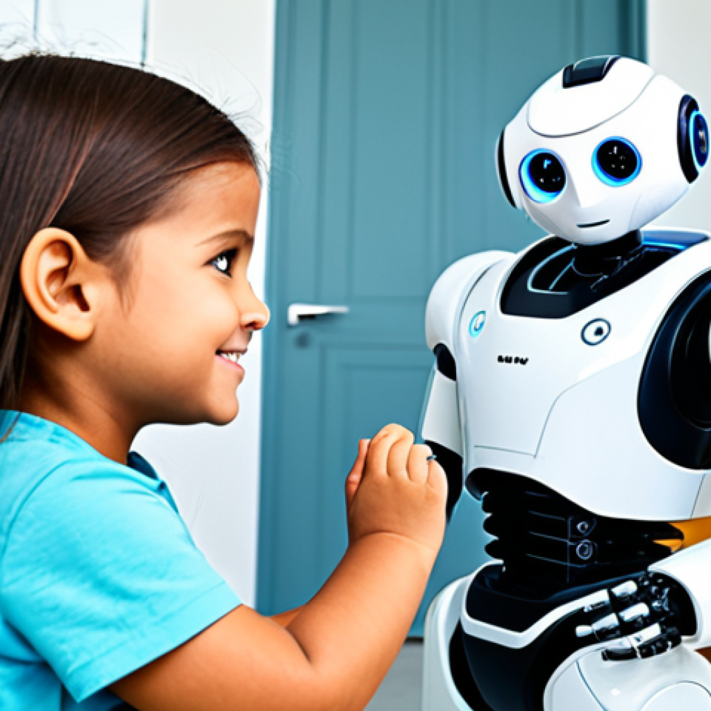 **
"A child, fully clothed in casual attire, interacting with a friendly robot designed to teach emotional intelligence. The robot is expressive and engaging. The background is a bright, cheerful playroom. Safe for work, appropriate content, family-friendly, perfect anatomy, natural proportions, well-formed hands, proper finger count, professional illustration."
**