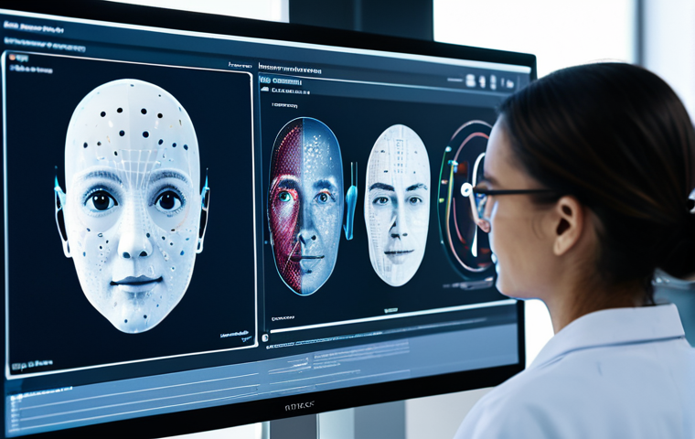 로봇 심리상담의 기술적 과제 - Emotion Recognition Technology**
Prompt: Close-up of a sophisticated AI interface analyzing a human...