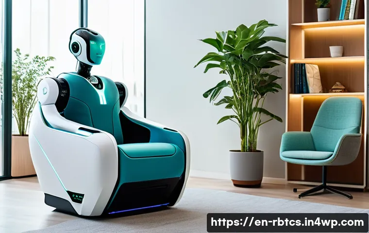 로봇 심리상담의 글로벌 연구 동향 - A futuristic therapy room where a sleek humanoid robot counselor attentively listens to a diverse ad...