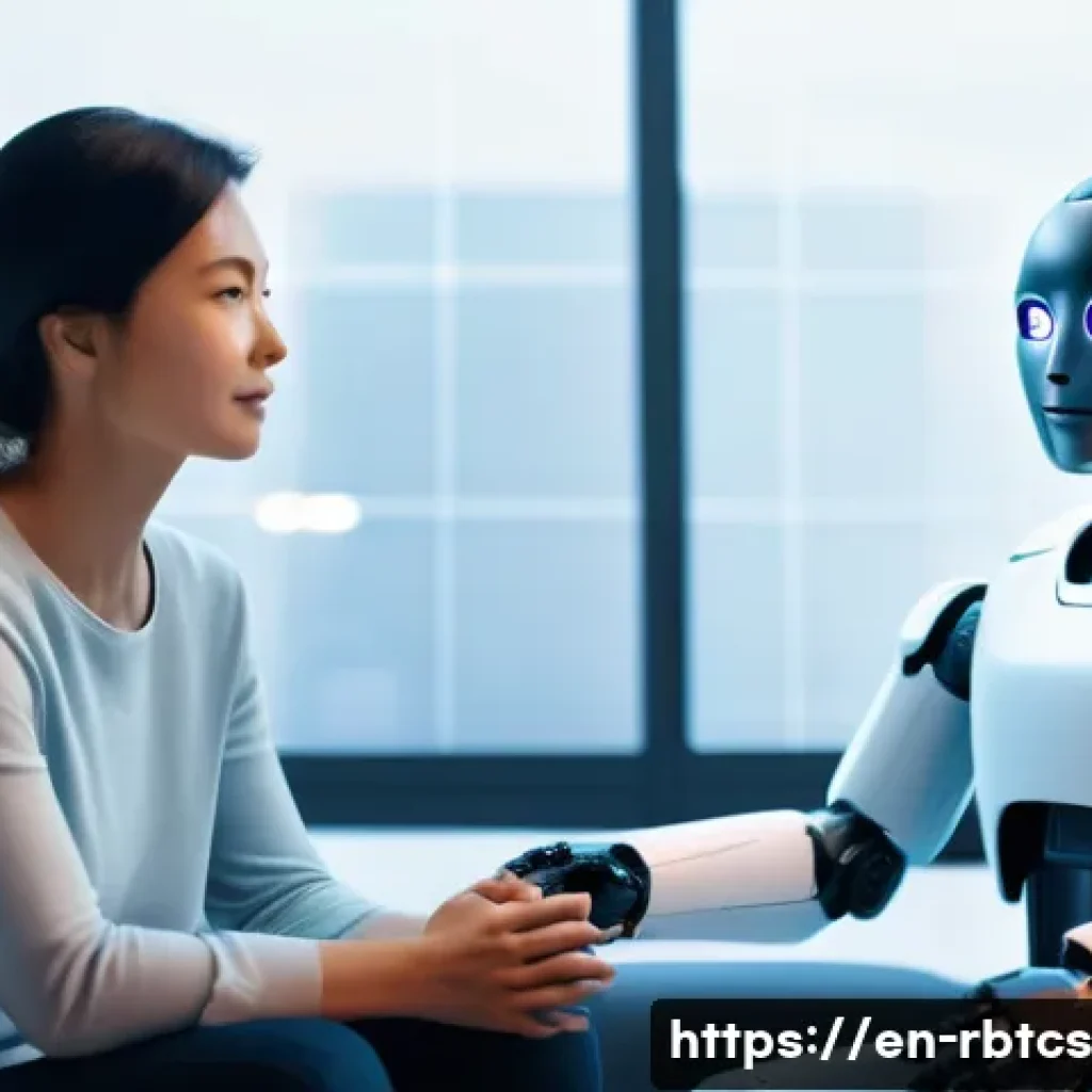 로봇 심리상담의 기술적 통합 - A futuristic AI counseling session scene showing a friendly humanoid robot with a warm, expressive s...