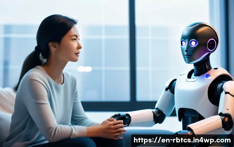 로봇 심리상담의 기술적 통합 - A futuristic AI counseling session scene showing a friendly humanoid robot with a warm, expressive s...