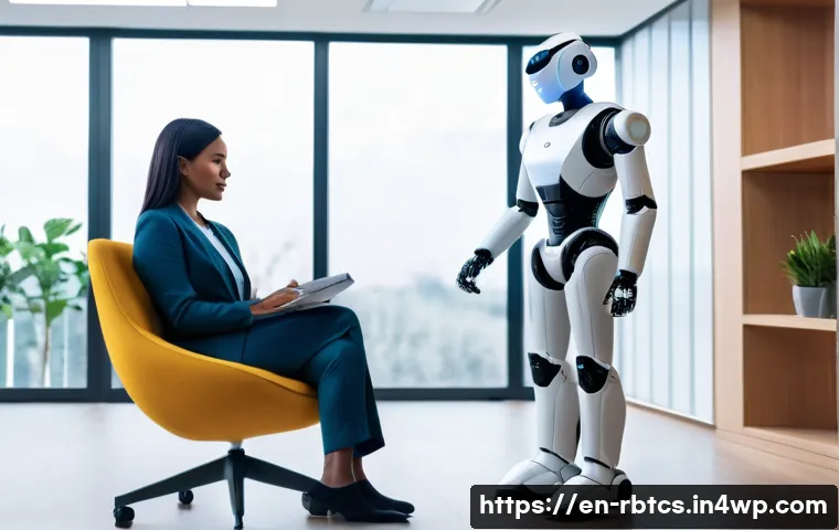 로봇 심리상담의 협력적 접근법 - A modern therapy room featuring a human therapist and a sleek, humanoid robot working together durin...