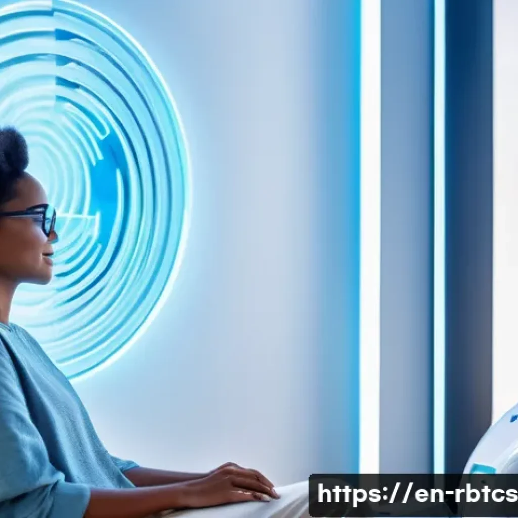 로봇 심리상담과 심리 치료의 통합 사례 - A futuristic therapy room featuring a humanoid robot counselor sitting calmly across from a diverse ...