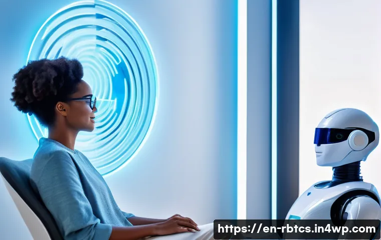 로봇 심리상담과 심리 치료의 통합 사례 - A futuristic therapy room featuring a humanoid robot counselor sitting calmly across from a diverse ...