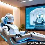 로봇 심리상담의 성공적인 사례 연구 - A futuristic therapy room featuring a sleek, humanoid robot therapist engaging empathetically with a...