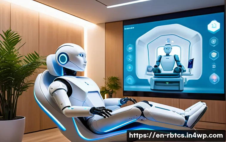 로봇 심리상담의 성공적인 사례 연구 - A futuristic therapy room featuring a sleek, humanoid robot therapist engaging empathetically with a...