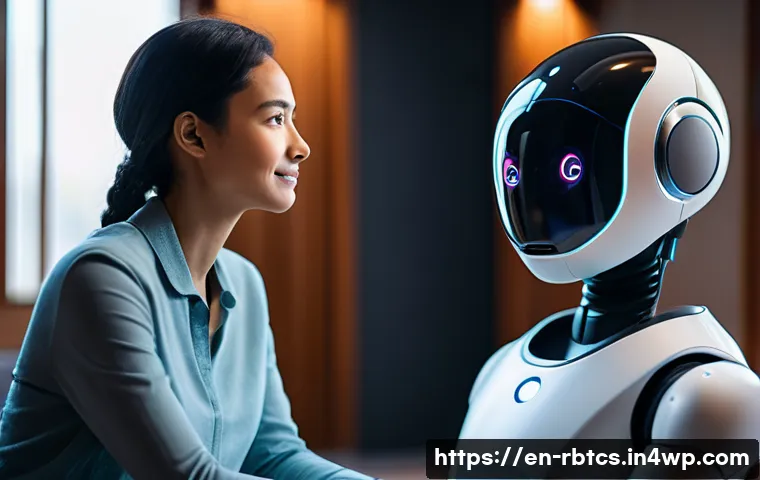 로봇 심리상담의 기술적 도전 과제 - A futuristic counseling robot engaging empathetically with a diverse adult client in a cozy, softly ...