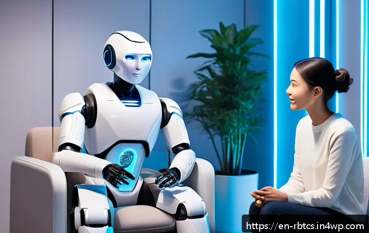 로봇 심리상담의 효과적인 치료 방법 - A futuristic therapy room featuring a humanoid robot therapist sitting across from a young adult cli...