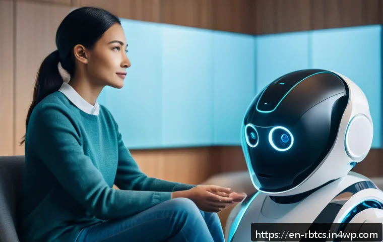 로봇 심리상담의 기능적 요구 사항 - A futuristic robotic counselor in a sleek, modern therapy room, attentively analyzing a diverse adul...