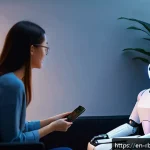 로봇 심리상담의 심리학적 원리 - A futuristic therapy room with a sleek humanoid robot therapist engaging empathetically with a young...