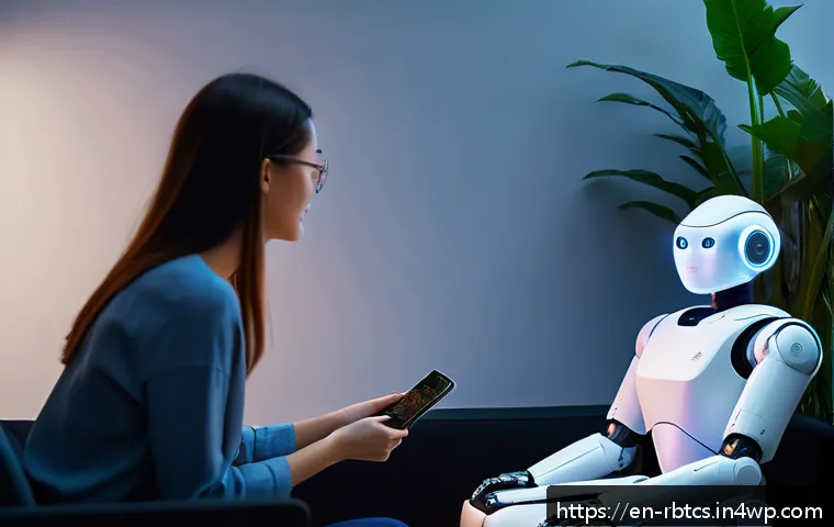 로봇 심리상담의 심리학적 원리 - A futuristic therapy room with a sleek humanoid robot therapist engaging empathetically with a young...