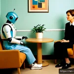 로봇 심리상담의 진화 과정 - Photorealistic early-era robot psychological counseling session in a modest 1990s-style community cl...