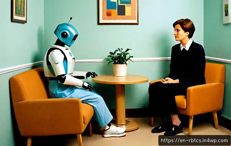 로봇 심리상담의 진화 과정 - Photorealistic early-era robot psychological counseling session in a modest 1990s-style community cl...