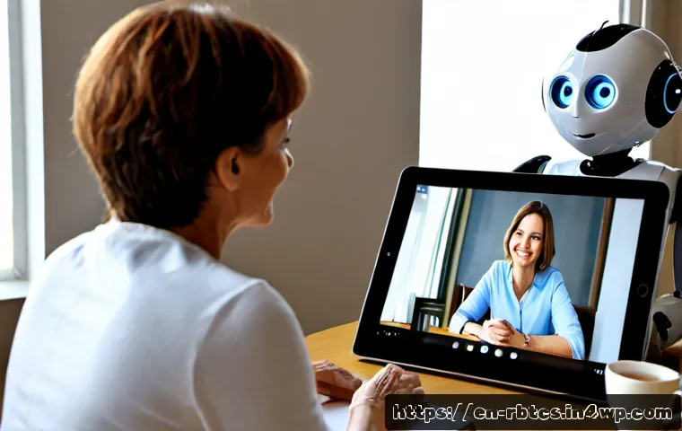 Home 17 로봇 심리상담의 심리적 지지 방법 - Photorealistic scene of a middle-aged woman at a tidy home desk having a supportive video conversati...