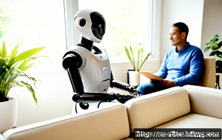 Home 17 로봇 심리상담의 혁신적인 접근법 - Photorealistic modern therapy room, a compassionate humanoid counseling robot seated at a comfortabl...