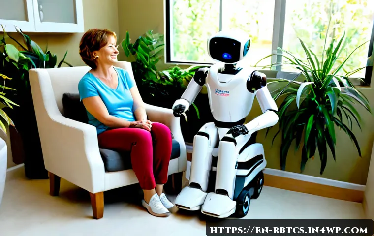Home 17 로봇 심리상담의 사회적 가치 창출 - Photorealistic community wellness center, a friendly compact counseling robot with a softly glowing ...