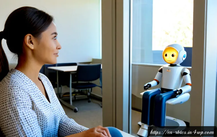 Home 17 로봇 심리상담의 실험적 연구 결과 - Photorealistic behavioral research session in a calm American university psychology lab, an adult pa...